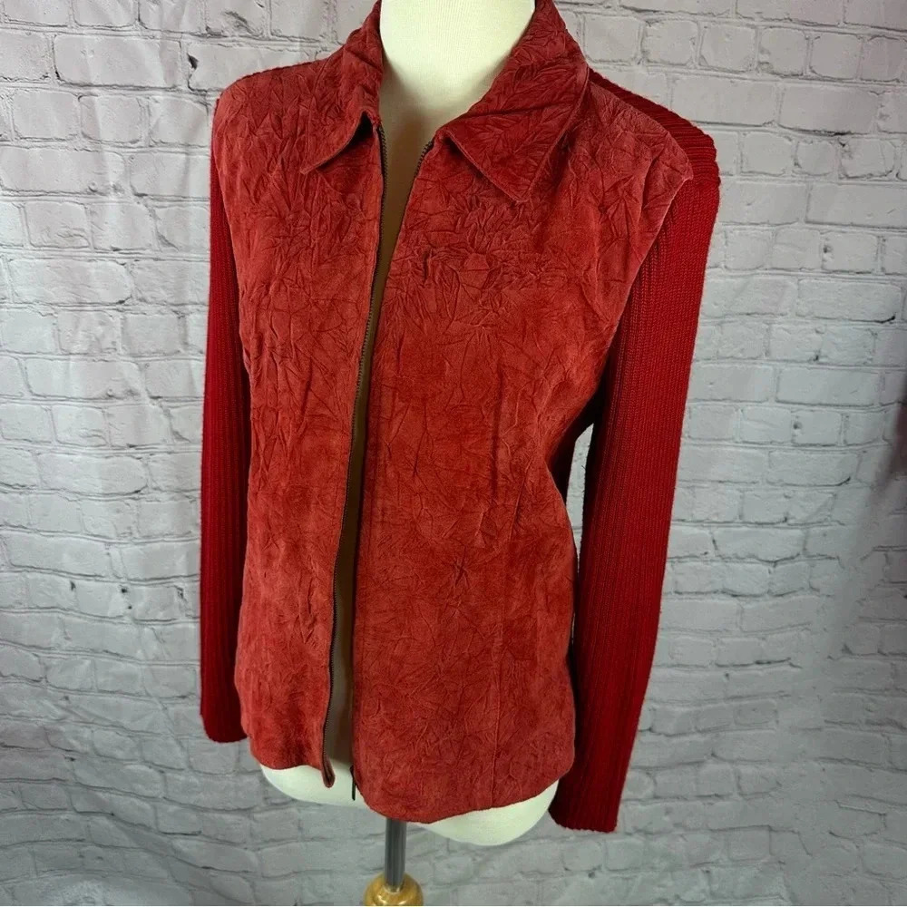 women's coldwater creek leather and woven jacket blazer size medium